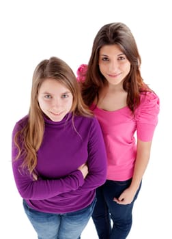 Two different sisters view from above isolated on a white background