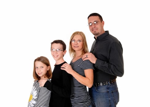 A young family wit two kids standing in profile in frond of each other, .isolated on white background..