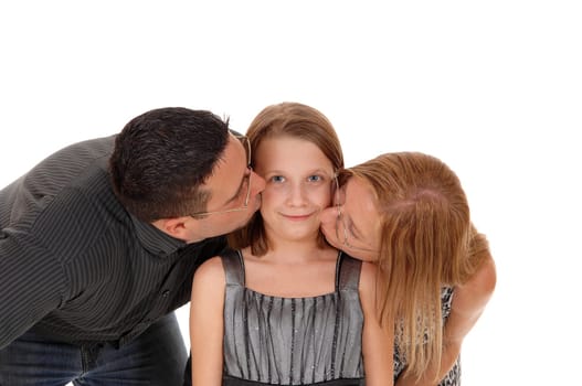 A closeup picture of a couple kissing there young daughter on the.chick, isolated for white background..
