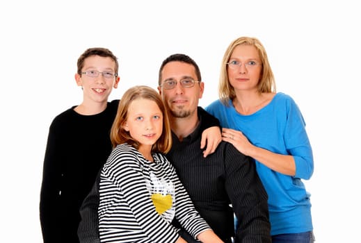 A picture of a young family with a daughter and son standing isolated.for white background..