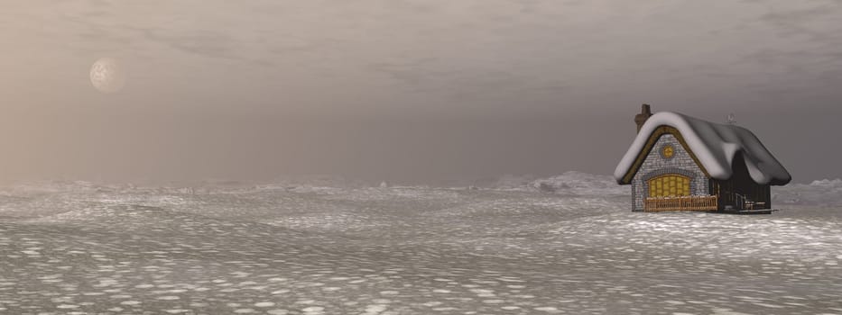 Cottage on snowy hill by night with full moon - 3D render