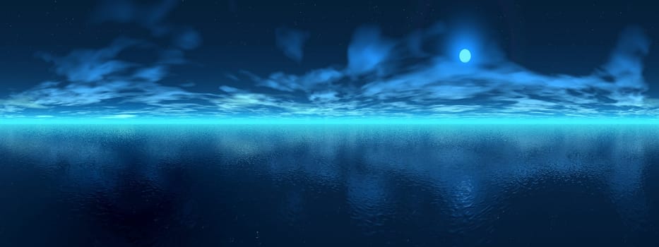 Full moon night over ocean, 360 degrees effect