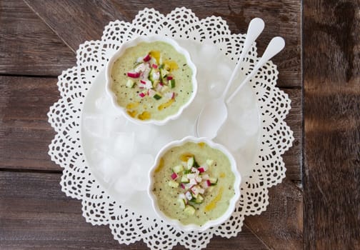 Refreshing cold cucumber soup on ice