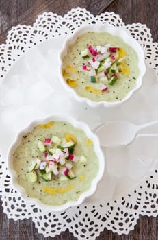 Refreshing cold cucumber soup on ice
