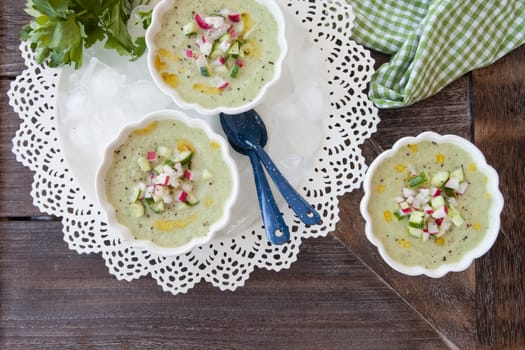 Refreshing cold cucumber soup on ice