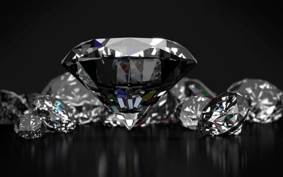 Diamonds on dark grey background. 3D rendering.