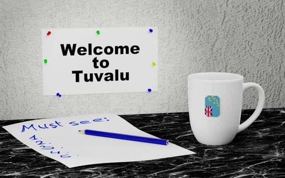 Big mug and label on the wall with text Welcome to Tuvalu. 3D rendering.