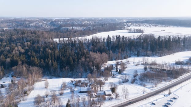 Winter field Krimulda Latvia aerial drone top view