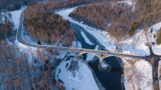 Winter brigge Gauja Latvia aerial drone top view