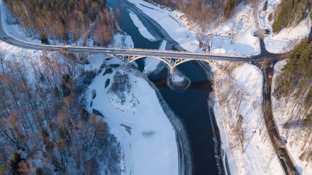 Winter brigge Gauja Latvia aerial drone top view