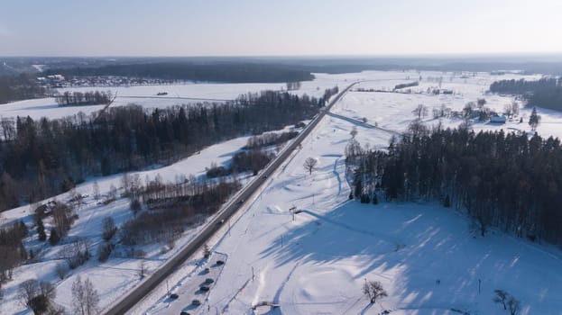 Winter field Krimulda Latvia aerial drone top view
