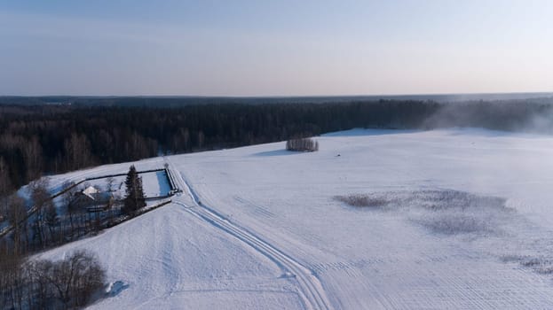 Winter field Krimulda Latvia aerial drone top view