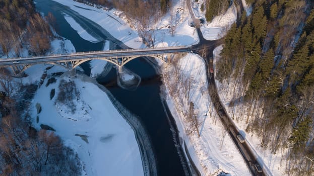 Winter brigge Gauja Latvia aerial drone top view