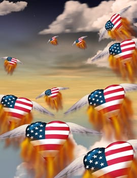 Winged flaming hearts in USA national colors fly into the sky