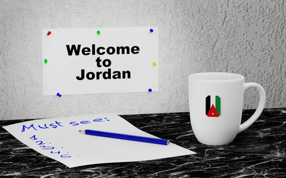 Big mug and label on the wall with text Welcome to Jordan. 3D rendering.