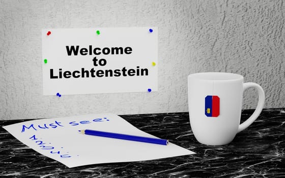 Big mug and label on the wall with text Welcome to Liechtenstein. 3D rendering.