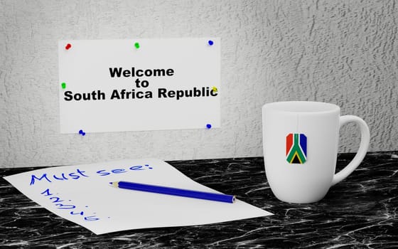 Big mug and label on the wall with text Welcome to South Africa Republic. 3D rendering.