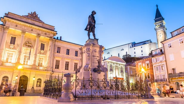 Spectacular evening view of Tartini Square in old town Piran in Slovenia. Traveling concept. Beautiful Mediterranean tourist town on Slovenian cost.