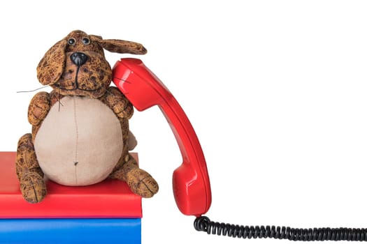 Red vintage telephone receiver with black cable isolated on white background. Funny dog is sitting on  books and taking a call. Suitable for contact exchange and call center. Template for your product display montage.