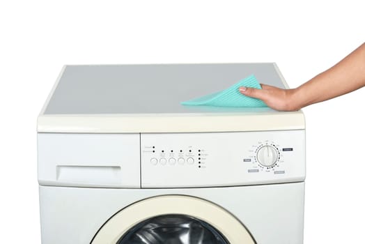Hands cleaning the washing machine with a washcloth isolated over white background