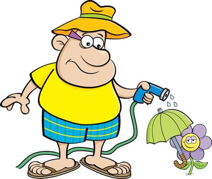 Cartoon illustration of a man watering a flower with a garden hose.