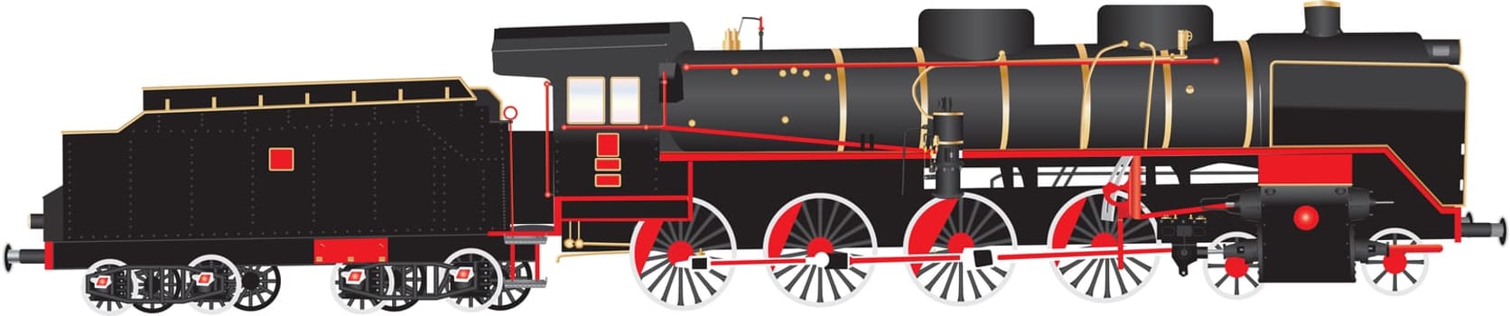 A Heavy duty Red and Black Twelve Wheeler Steam Tender Locomotive with brass  fittings isolated on white