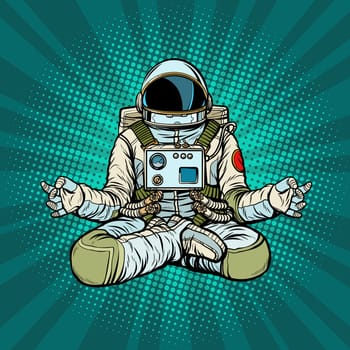 yoga astronaut Lotus pose. Meditation and spiritual practice. Pop art retro vector illustration kitsch vintage