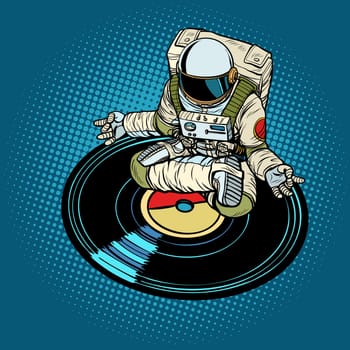 Astronaut man meditates to music, yoga. Pop art retro vector illustration kitsch vintage