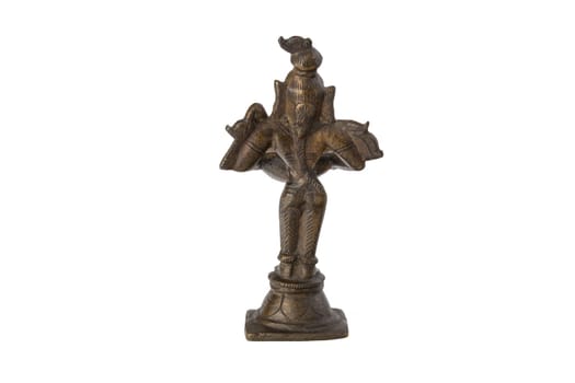Hindu god. Standing antique Hindu god bronze figure with a bowl isolated on white background. Back side.