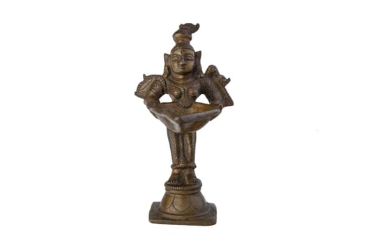 Hindu god. Standing antique Hindu god bronze figure with a bowl isolated on white background.
