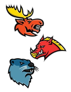 Sports mascot icon illustration set of heads of North American wildlife like the bull moose or elk, razorback, feral pig, wild hog or boar and the river otter or common otter  viewed from side  on isolated background in retro style.