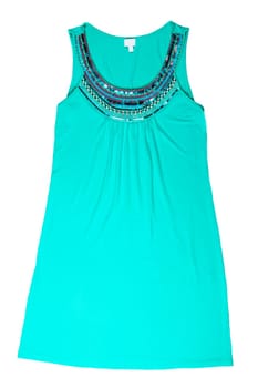 Fashionable summer clothes isolated on a white background. Turquoise green summer dress with rhinestones. Summer fashion.