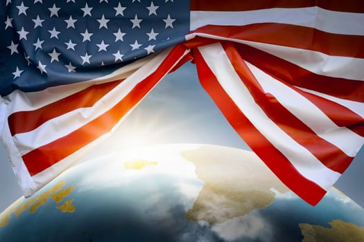 Earth planet with American flags for Columbus day symbol