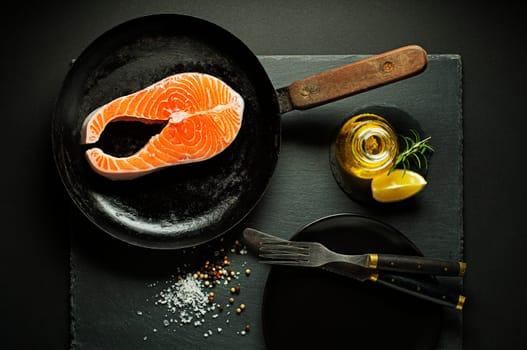 Fresh salmon fish with spices. Prepare for cooking healthy meal.