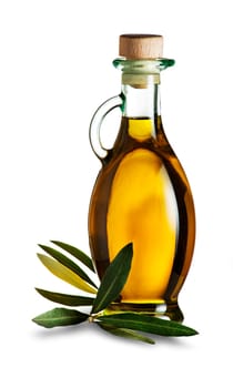 Olive oil with olive branch isolated on white