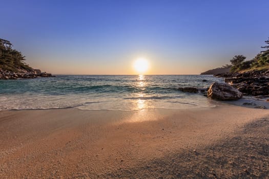 Sunrise in Marble beach (Saliara beach), Thassos Islands, Greece. The most beautiful white beach in Greece