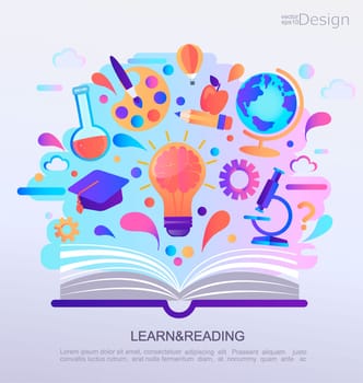 Education Infographic concept banner. Open book with signs and symbols of knowledge. Background for school. Vector Illustration.