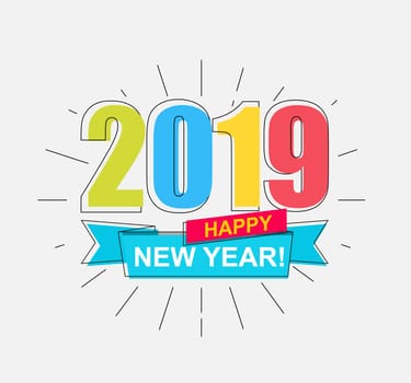 2019 Happy New Year. Colorful outline banner for new year holidays. Perfect for presentations, flyers and banners, leaflets, postcards and posters. Vector illustration EPS10.