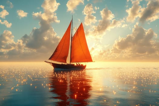 A sailing boat with striking orange sails moves gracefully across calm waters. The scene is illuminated by a stunning sunset, with shimmering reflections and fluffy clouds creating a picturesque atmosphere.