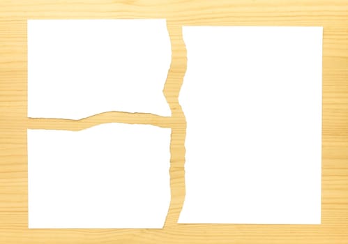 White Ripped Paper 3 Parts on Wood Background. White torn paper 3 part for separate or partition or divide concept