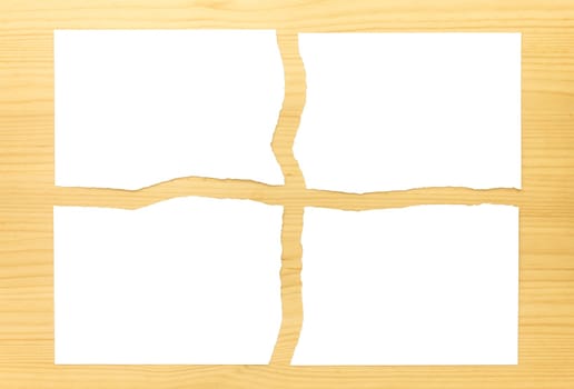 White Ripped Paper 4 Parts on Wood Background. White torn paper 4 part for separate or partition or divide concept