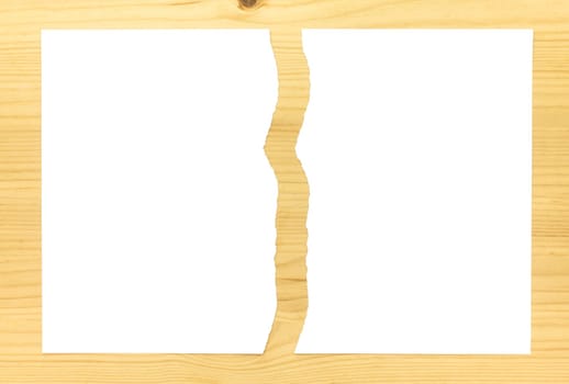 White Ripped Paper in Half on Wood Background. White torn paper 2 part for separate or partition or divide concept