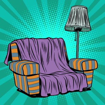 Armchair sofa with floor lamp. Pop art retro vector illustration kitsch vintage