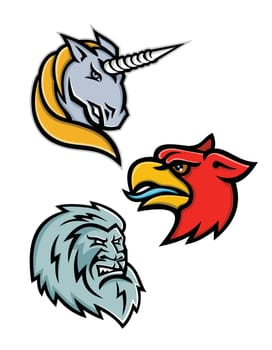 Mascot icon illustration set of heads of legendary or mythical creatures like the unicorn,griffin, griffon, or gryphon, the yeti or abominable snowman viewed from side  on isolated background in retro style.