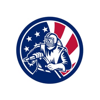 Icon retro style illustration of an American sandblaster, abrasive blasting or sandblasting with United States of America USA star spangled banner stars and stripes flag in circle isolated background.