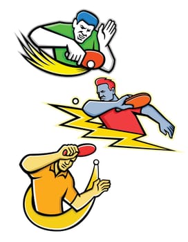 Mascot icon illustration set of table tennis or ping-pong player striking, smashing, blocking a ping pong ball with paddle or racket on isolated background in retro style.