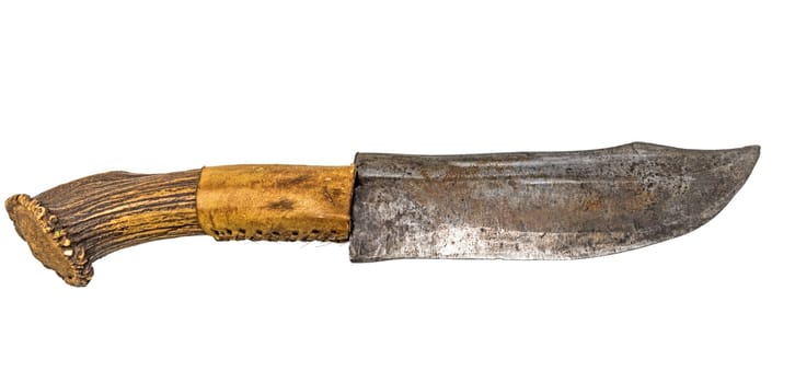Old indian knife with handle of deer antlers and rawhide wrapping isolated on white