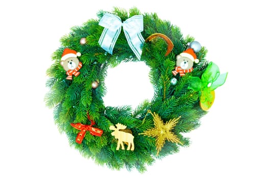 Top view Christmas wreath isolated on white background.