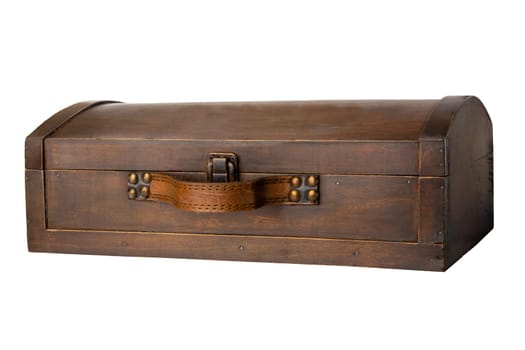Close old wooden treasure chest isolated on white background.