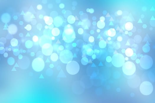 Abstract bright blue background with circles and triangles bokeh defocused lights. Space for your text.